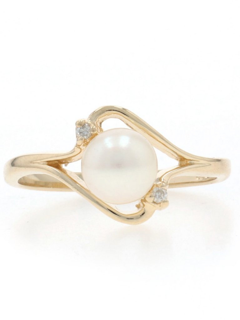 Yellow Gold Pearl Diamond Bypass Ring  10k